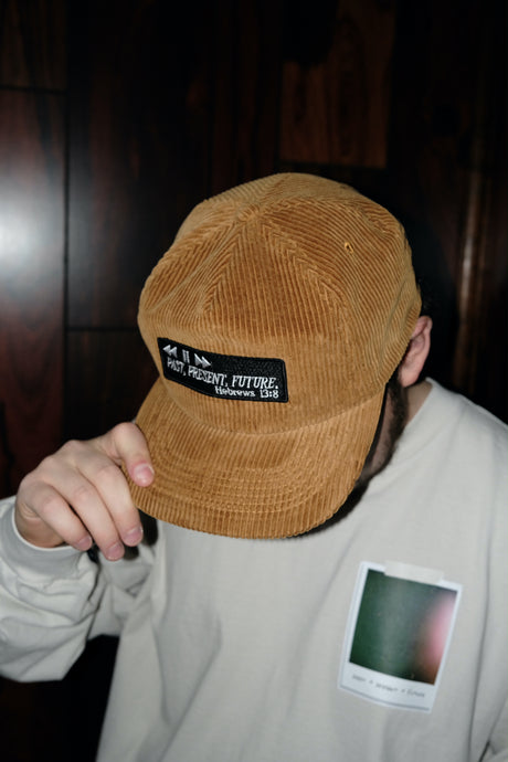 Christian corduroy trucker hat with Hebrews 13:8 and past, present, future theme with retro vibe.