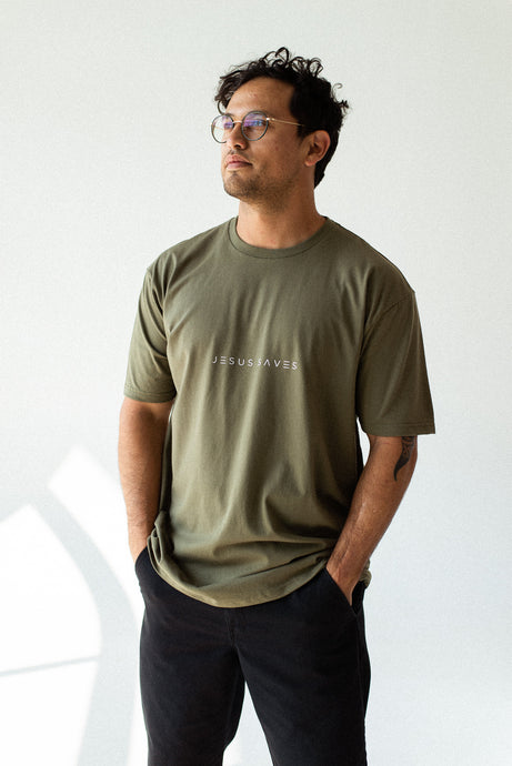 unisex Jesus Saves t-shirt in olive green